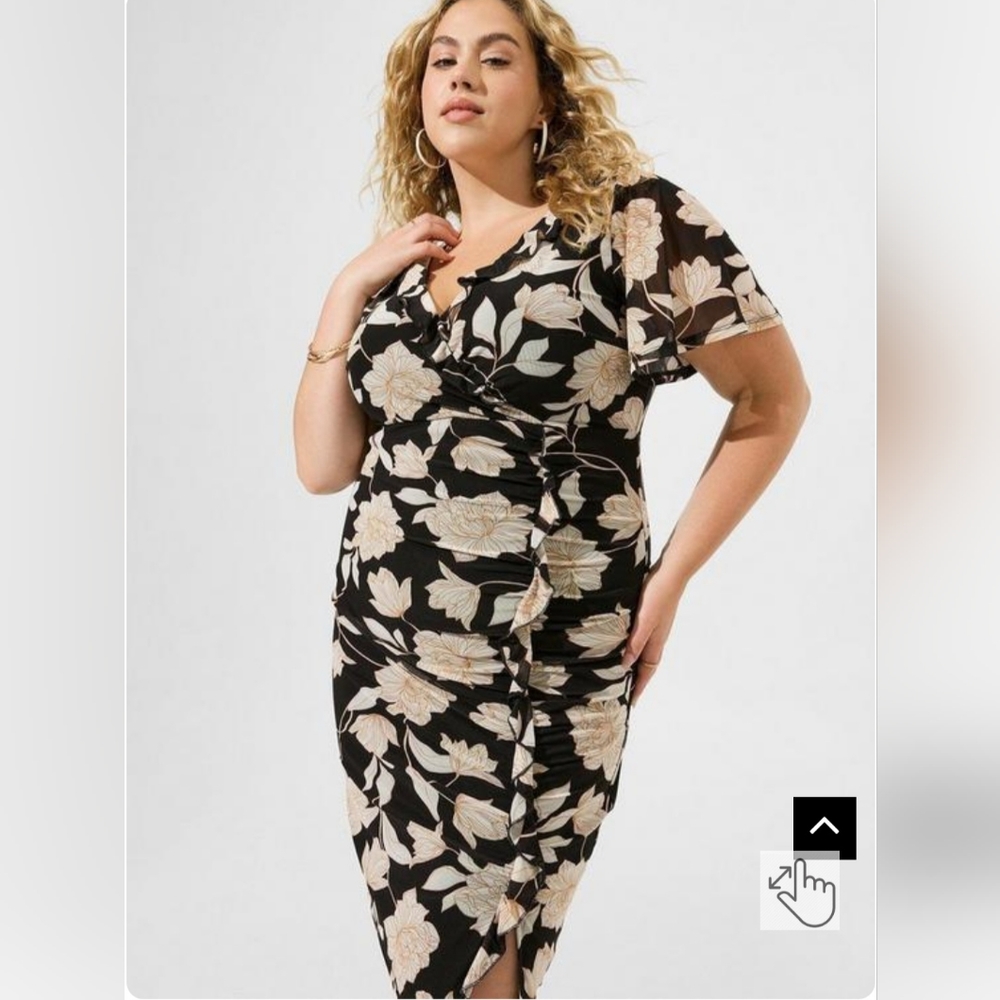 Torrid At The Knee Mesh Surplice Ruffle Slit Dress